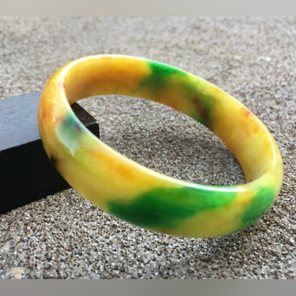 59mm Chinese fashion Hand-carved Yellow Green Jadeite Jade Bracelet Bangle TX020
